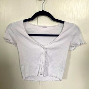 garage white button front lettuce trim crop top
